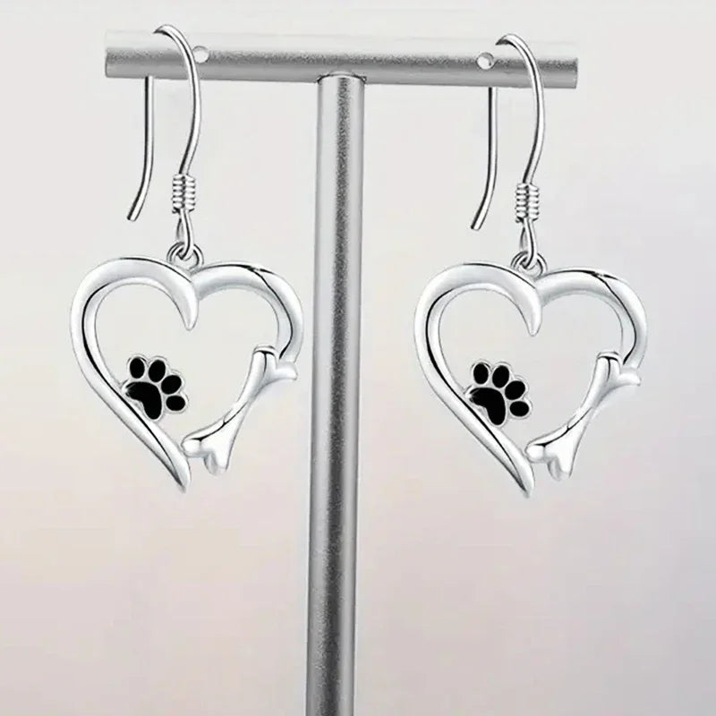 Silver Drop Earrings with Heart & Paw Design